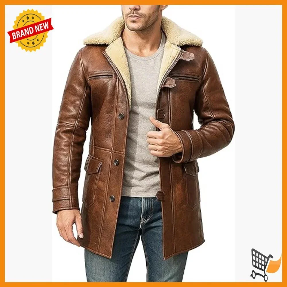 Men's Genuine Sheepskin Leather Winter Overcoat with Faux Fur Lining
